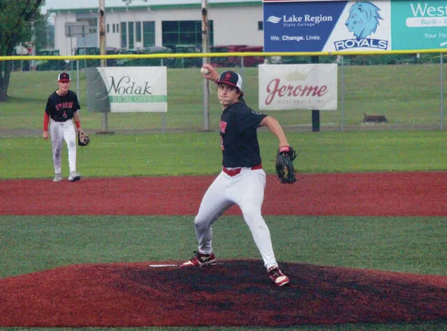 Mack Elsperger, who threw for all five innings during the game, lets fly a pitch in the top of the fourth inning.
                                 Photo by Isaac Vaagen, DLJ