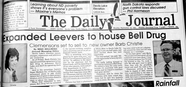 Clip from Journal front page story from Sept. 16, 1991 of Leevers purchase of pharmacy Bell Drug.
                                 Photo by Isaac Vaagen, DLJ