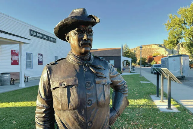 A statue of Theodore Roosevelt in Medora, N.D. on Oct. 7, 2025.
                                 AP Photo/Jack Dura