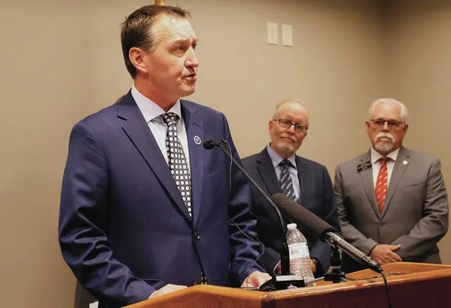Rep. Jonathan Warrey, R-Casselton, chair of the interim Artificial Intelligence and Data Center Committee, speaks during a press conference at the Capitol on June 25, 2026. At right are former North Dakota University System Chancellor Mark Hagerott and Sen. Mike Wobbema, R-Valley City.
Photo by Michael Achterling/North Dakota Monitor