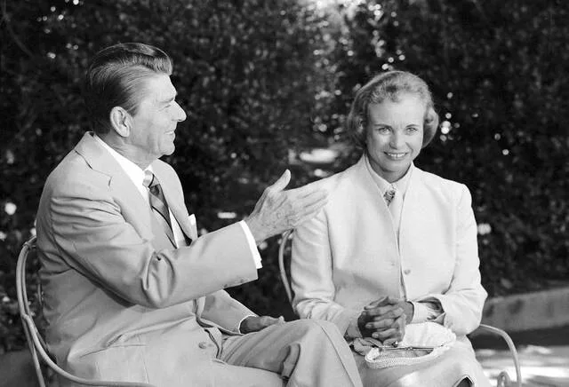 President Reagan presents his Supreme Court nominee Sandra Day OConnor to members of the press in the White House Rose Garden, July 15, 1981, prior to their Oval Office meeting. She would become the first woman to serve on the Supreme Court and a voice of moderate conservatism for over 20 years.
                                 AP Photo, File