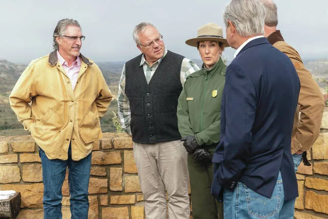 Then-Gov. Doug Burgum, from left, hosts Interior Secretary David Bernhardt for a tour of Theodore Roosevelt National Park in 2019, accompanied by Park Superintendent Wendy Ross and Sens. Kevin Cramer and John Hoeven. On June 30, conservation groups criticized Burgums track record as Interior secretary.
                                 Photo courtesy of Office of the Governor