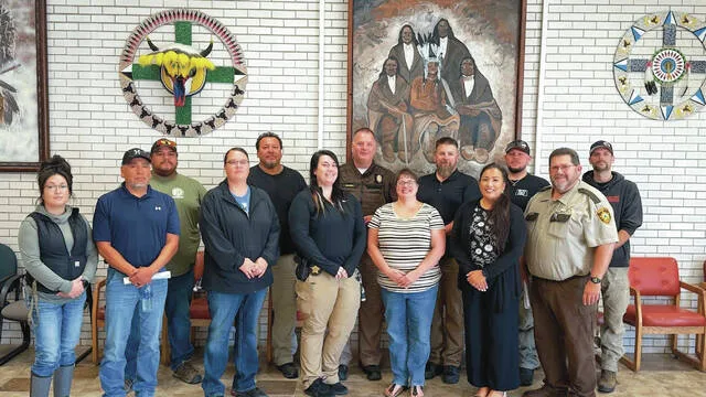 Members of Spirit Lake Tribes Incident Command Team come together at tribal headquarters after meeting with state and federal partners, Fort Totten, N.D., Wednesday, Oct. 1, 2025.
                                 Photo provided by Spirit Lake Tribe/Vicki Alberts