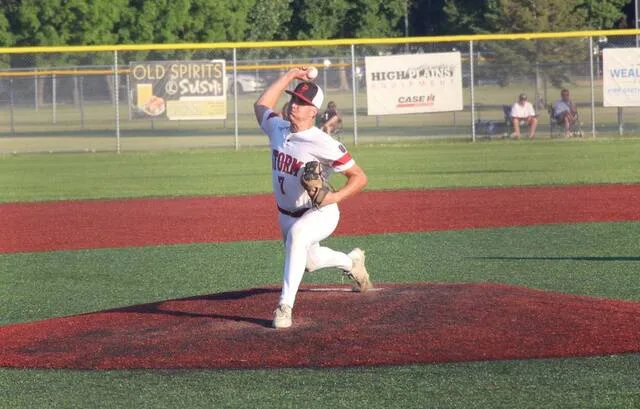 Ben Larson fires a pitch for the Storm.
                                 Photo by Isaac Vaagen
