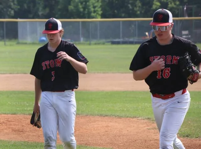 Talan Gregory (left) and Jaxon Strong (right) depart the field between innings during Wednesdays district semifinal against Velva.
                                 Photo by Mojo Hill