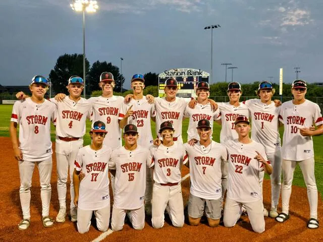 The Devils Lake Storm A team poses after winning the Class A East championship at Starion Bank Field in Fargo.
                                Back row (left to right): Lakin Ronningen, Taydon Triepke, Hunter Remmick, Ben Brodina, Landon Sundeen, Mason Palmer, Fausten Olson, Will Heilman, Alex Hammond.
                                Front row (left to right): Tayven Wiberg, Brody Rainsberry, Max Palmer, Ben Larson, Cayden McCarthy.
                                 Photo courtesy of Christa Brodina