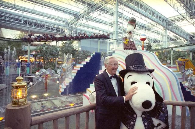 Charles Schulz, creator of the comic strip Peanuts, posed for photos with his character Snoopy during the grand opening of the Mall of America and its indoor theme park Knotts Camp Snoopy on Aug. 11, 1992. Camp Snoopy was later rebranded in 2006 as The Park at MOA, and occupies seven acres of the 350-store mall in Bloomington, Minn.
                                 AP File Photo/Jim Mone