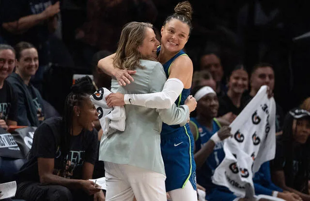Minnesota Lynx guard Kayla McBride, right, hugged head coach Cheryl Reeve during a basketball game, Sunday Aug. 9, 2026 in Minneapolis.
Jerry Holt/Minnesota Star Tribune via AP