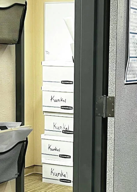 Boxes presumed to have files on the Kunkel case seen at the Ramsey County States Attorneys Office.
                                 Photo by Mark C. Robinson, DLJ