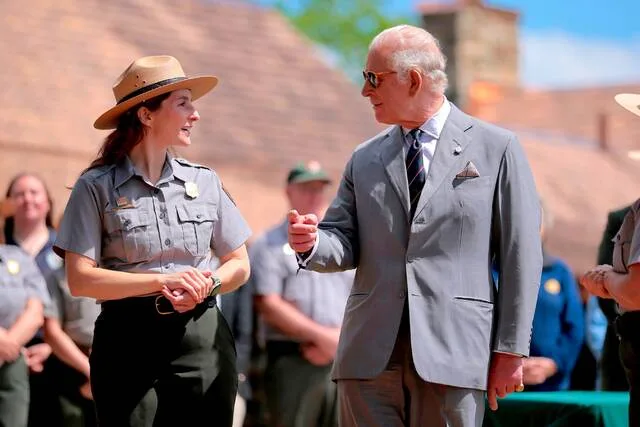 Britains King Charles III speaks with National Park Service Rangers as he attends a Junior Ranger swearing-in ceremony at Shenandoah National Park, April 30, 2026, in Front Royal, Va.
Chip Somodevilla/Pool Photo via AP