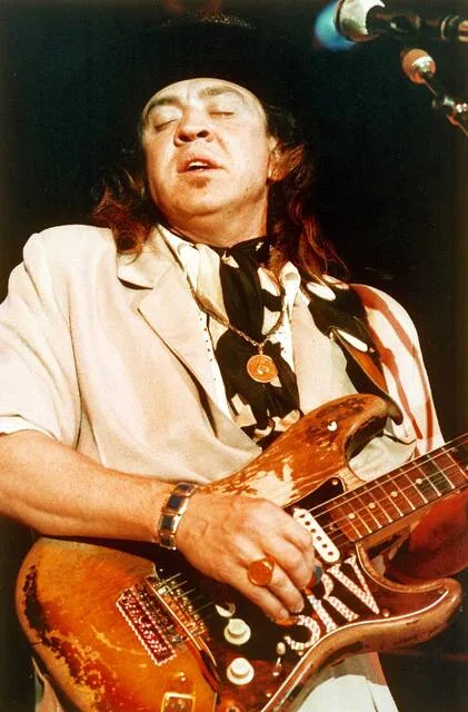 Blues guitarist Stevie Ray Vaughan performing onstage at the Rhythm and Blues Foundation Benefit in Austin, Texas, in this 1988 photo.
AP Photo/Lisa Davis