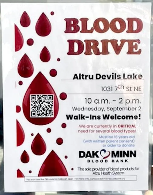 Dak Minn Blood Bank is sponsoring a Blood Drive on Sept. 2, 10 a.m. – 2 p.m. at Altru Devils Lake, 1031 7th St. NE. See calendar entry for more details.
Photo by Mark C. Robinson, DLJ