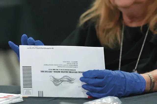An election worker sorts vote-by-mail ballots at the Miami-Dade County Supervisor of Elections Office for the Florida primary election in Doral, Fla., Tuesday, Aug. 18, 2026.
AP Photo/Lynne Sladky