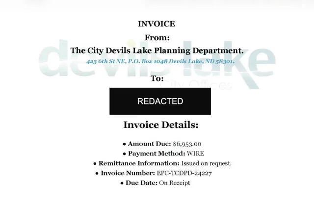 Excerpts from one of the invoices (with redacted information) sent via email to an individual who attended a recent meeting of Devils Lakes Planning Commission.
Excerpts from one of the invoices (with redacted information) sent via email to an individual who attended a recent meeting of Devils Lakes Planning Commission.
Provided courtesy of Rob Johnson