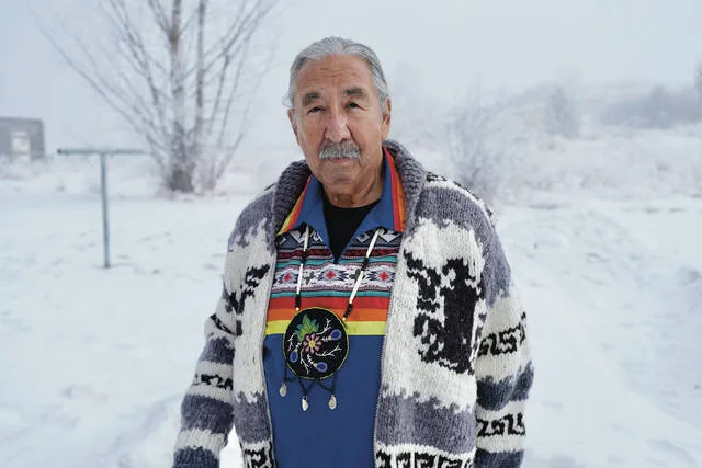 Leonard Peltier stands for a portrait in Belcourt, N.D, on Feb. 25, 2025. He is the subject of the new documentary Free Leonard Peltier coming to Netflix in October.
                                 AP Photo/Mark Vancleave