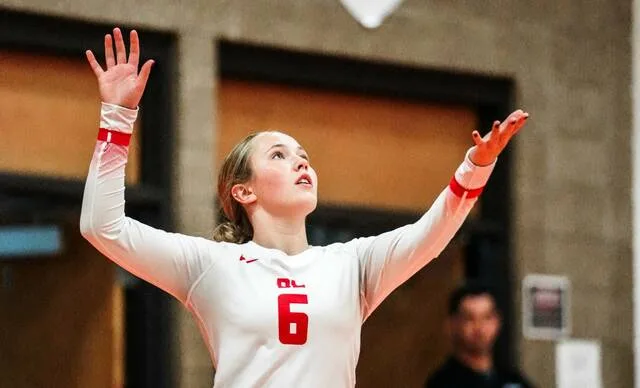 Devils Lakes Emma Hofstad serves the volleyball during a match at the Devils Lake Sports Center.
Photo by Cameron Carlson