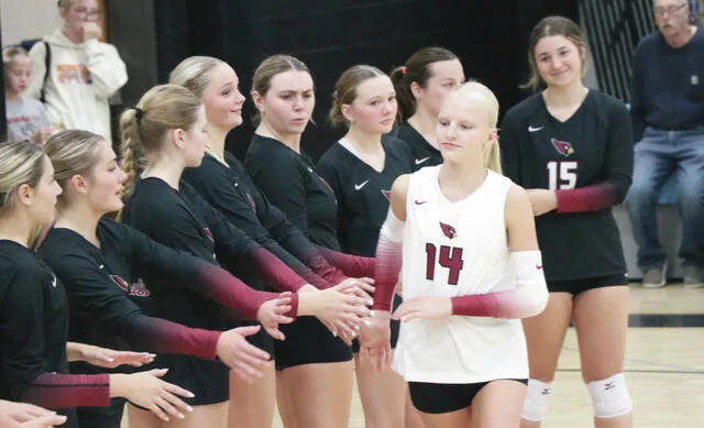 Mya Swanson runs through a pregame handshake line as shes announced in the starting lineup for Langdon Area/Munich at New Rockford-Sheyenne Public School on Thursday, Sept. 24.
                                 Photo by Mojo Hill