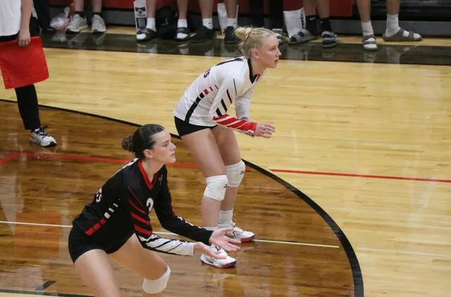 North Stars Avery Elsperger (front) and Claire Jorde (back) await a Benson County serve during a match at North Star Public School on Tuesday, Sept. 29.
Photo by Mojo Hill