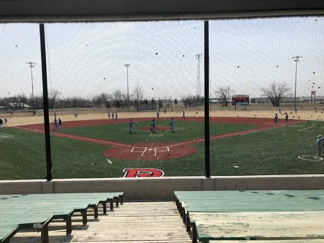 A view of DLYA Field from the current press box, with the wooden bleachers behind home plate.
Photo by Mojo Hill