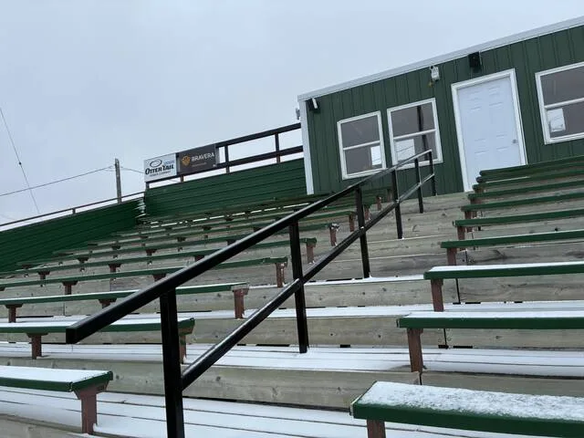 The DLYA Field bleachers covered in snow on April 2, 2026.
Photo by Mojo Hill