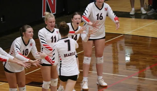 North Stars Genevieve Ahlberg goes through the handshake line with her teammates before the Bearcats match against Benson County at North Star Public School on Tuesday, Sept. 29.
                                 Photo by Mojo Hill
