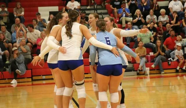 The 2026 Lake Region State College volleyball team celebrates after winning a point at the Devils Lake Sports Center.
                                 Photo by Mojo Hill