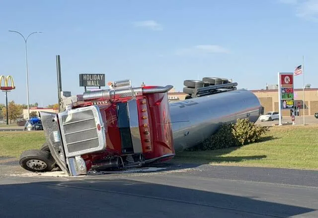 Traffic accident on Hwy. 2 involving overturned semi destroys local landmark